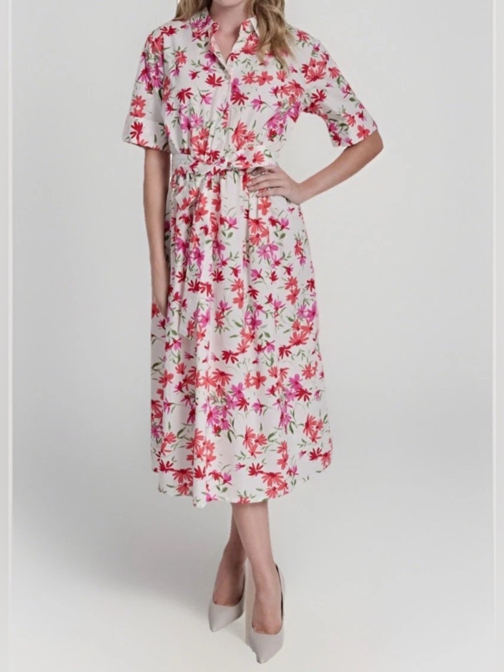 DKNY Women Sz 6 White Floral Elbow Sleeve Cotton Shirtdress Midi Belted New